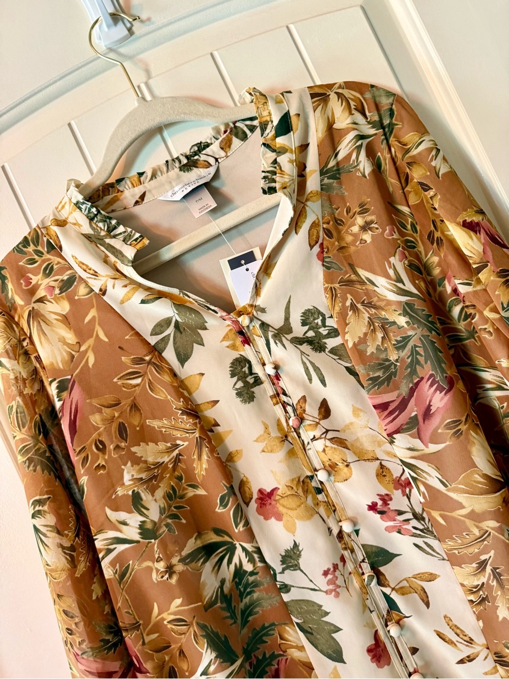 Christopher & Banks Cream Floral Petite Blouse with Green Accents NWT